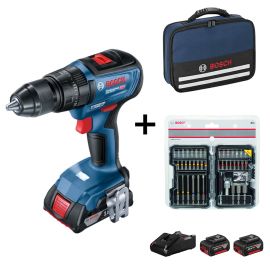 Bosch Cordless Impact Drill Lithium Ion 18V (2 x 2Ah) Brushless GSB 18V-50 + 43pcs Acc Set + Tool Bag 06019H51L4 (P)