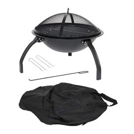 La Hacienda Firepit Steel with Grill and Folding Leg and Bag Camping Black 43cm h x 54cm diam