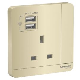 Schneider Electric Switch Socket AvatarOn Gold 13A Switch 2 USB Ports 2.1A Socket E8315USB_WG_G12