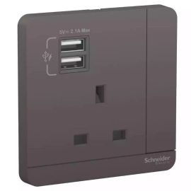 Schneider AvatarOn 2 USB charger switched socket 3P 13A Dark Grey E8315USB_DG_G12