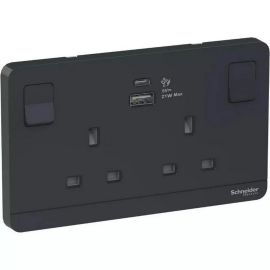 Schneider Electric Avataron Switched socket with USB charger 21W type AC 2 Gang 13A dark grey E83T25ACUSB_DG_G12