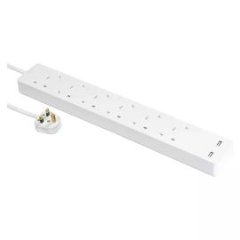 Schneider Electric AvatarOn Extension Plug /Cord /cable with 4 Trailing Sockets with individual switch and 2 USB, 3M, Power Socket/ Strips/ Multi Plug, White - (TSH36U_3_WE)