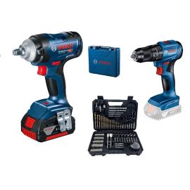 Bosch GDS 18V-400 Impact Wrench 2X5AH battery + GSB 185-LI Combo Drill case + 103PC Accessory Set