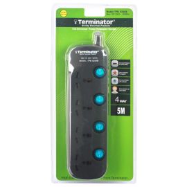Terminator 4 Way Universal Power Extension Socket 3X1.25MM2 Black Body & Blue Switch 5M Cable 13A Plug TPB 624AB-5M